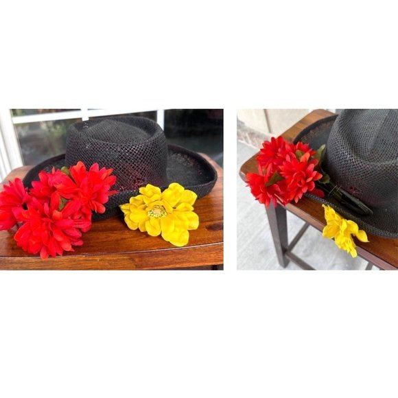 VTG The Scala Collection Black Straw Weave Hat Flower Embellishments Cru… - Picture 4 of 12